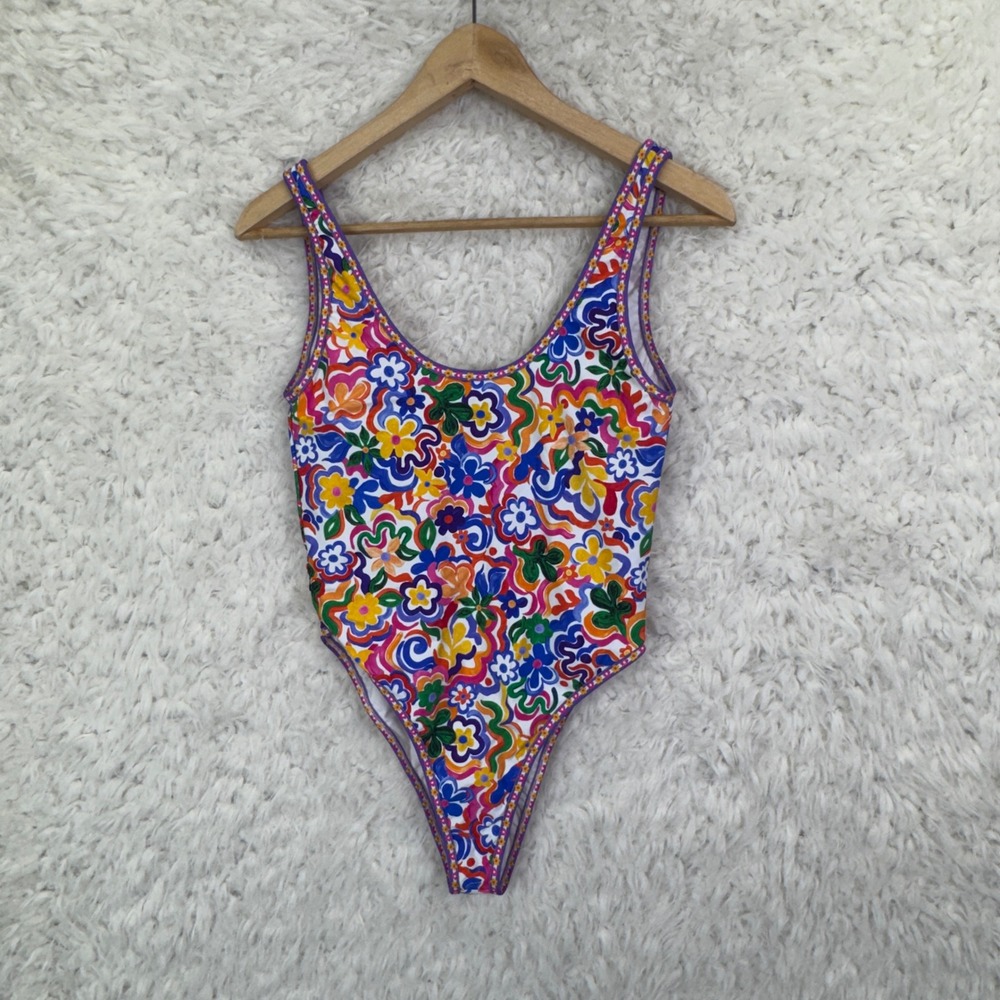 Bydee One Piece Swimsuit Size S Multicolor Floral Retro Groovy High Cut Swimwear